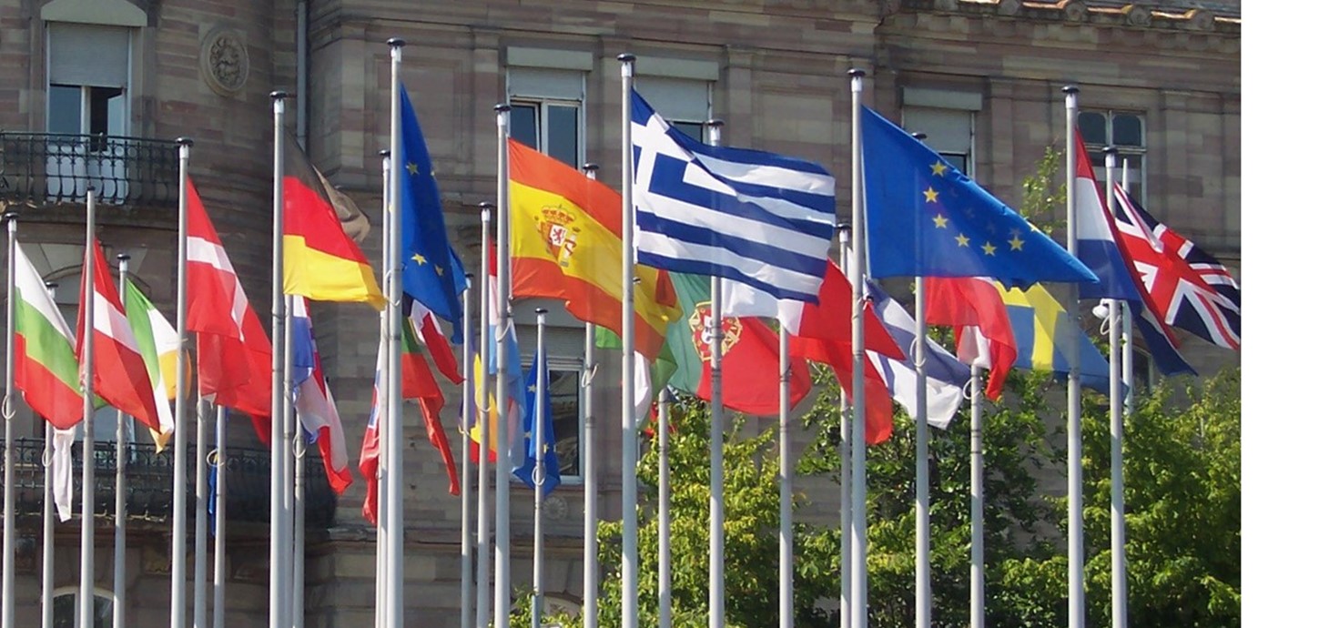 Flags of European nations and the EU in Strasbourg: the European Universities Association represents 870 universities in 49 countries across Europe